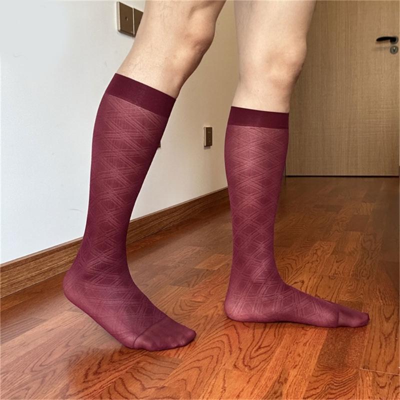 Men's Breathable Nylon Thin Dress Socks with Argyle Pattern Design Middle Calf Business Formal Socks Hosiery Gift