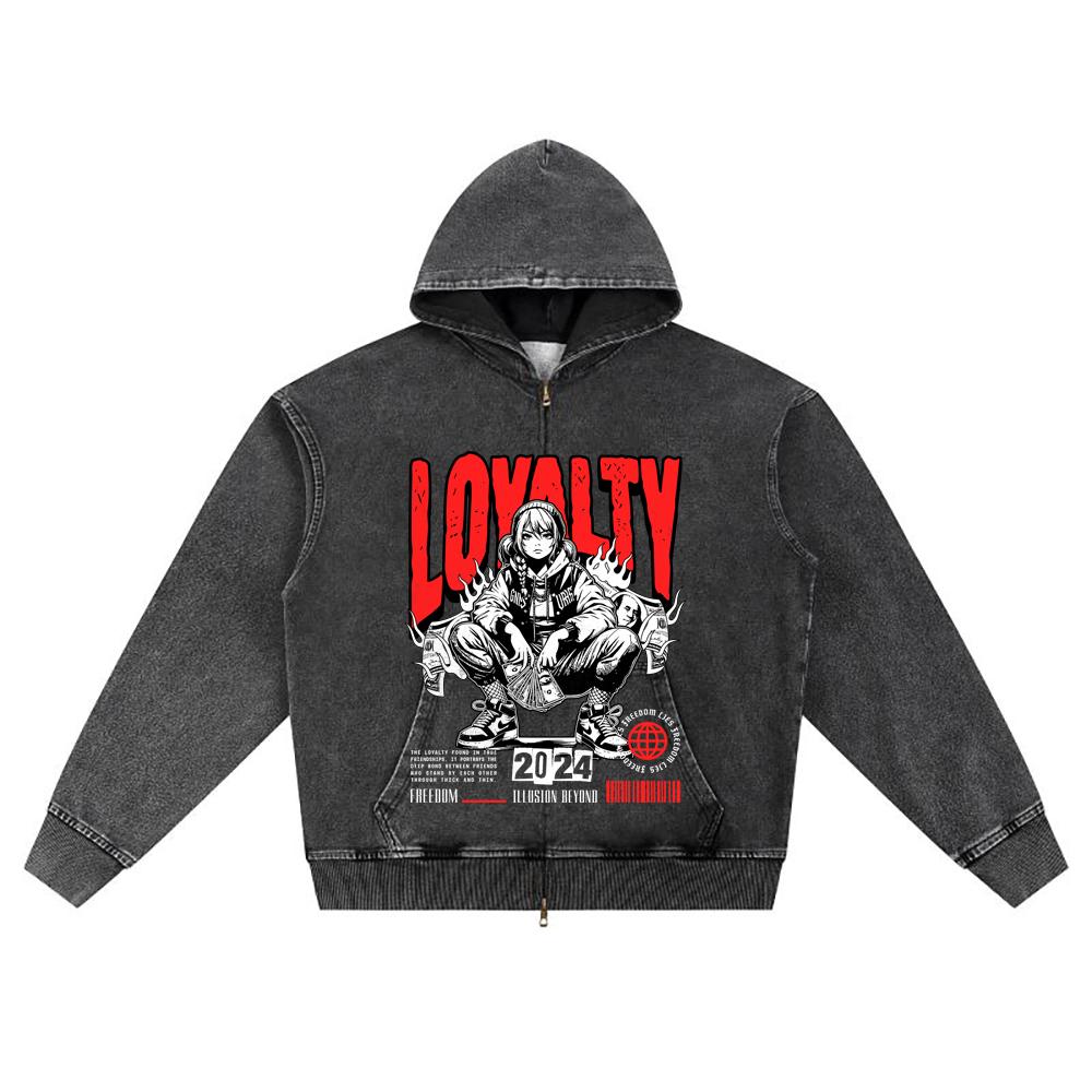

DTG print Knitted Denim Zip-Up Hoodie Loyalty Brother Print Zipper Hoodies S