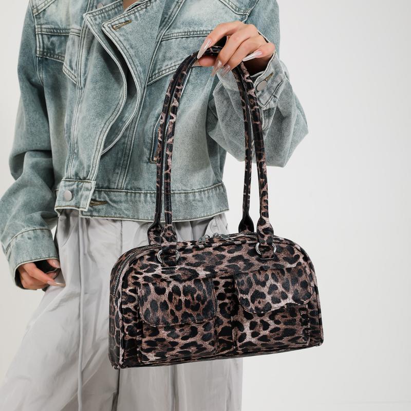 Women's PU leather bags  leopard shoulder messenger bags  casual women's bags  double pocket  high-quality underarm bags  women's fashion