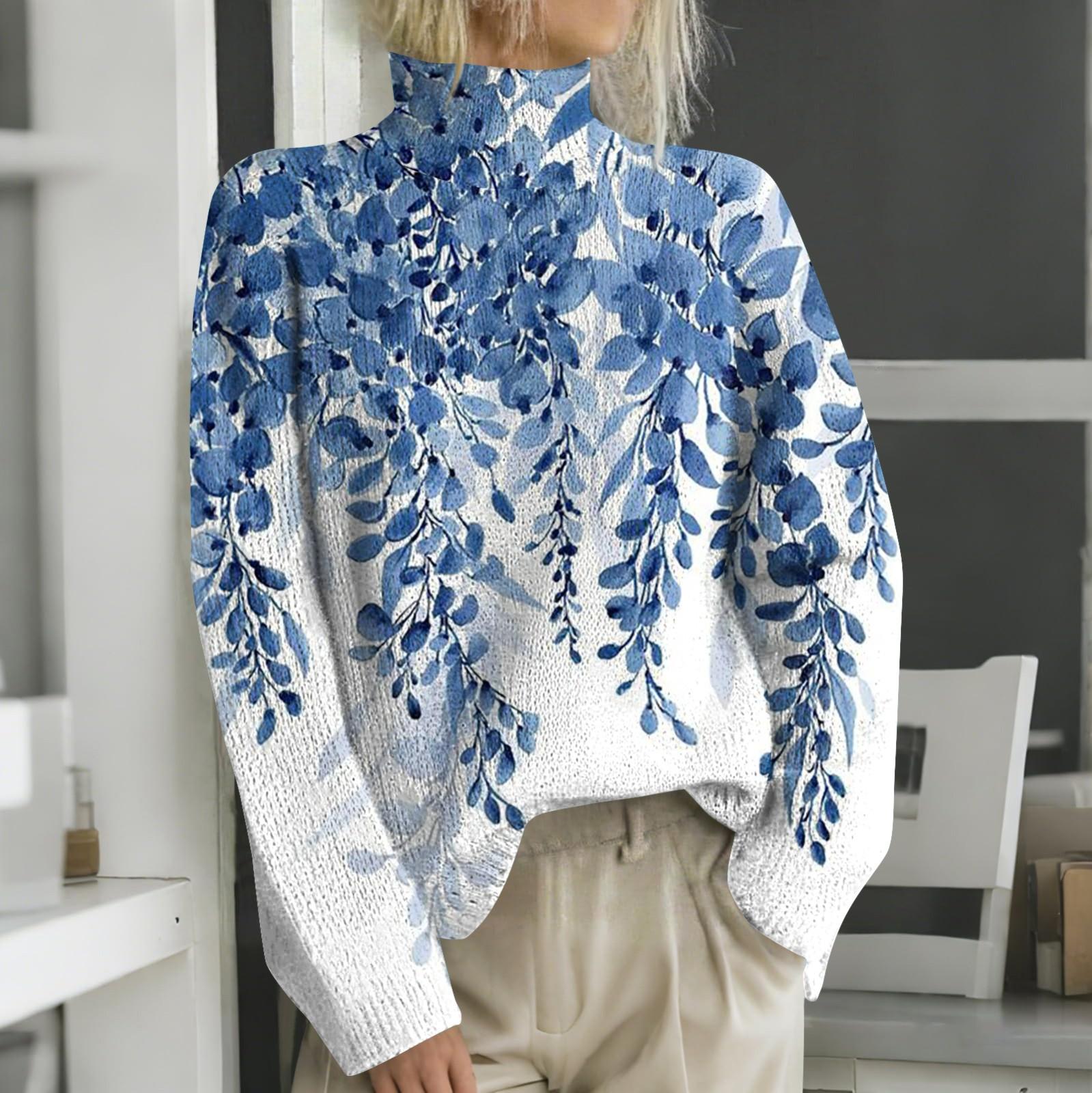 Женская мода повседневная с длинным рукавом и принтом, с высоким воротом, шерстяной трикотаж S синий