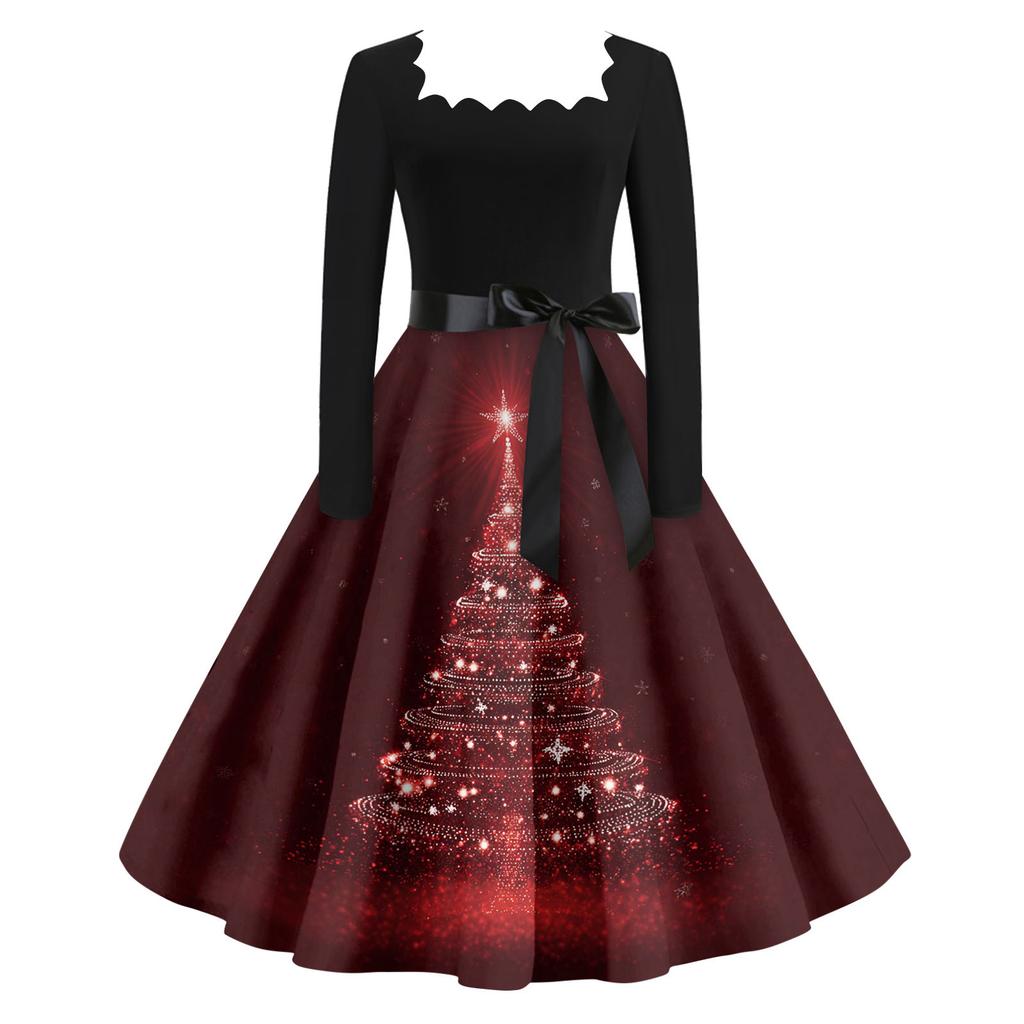 Women's Casual Fashion V Neck Christmas Printed Vintage Dress