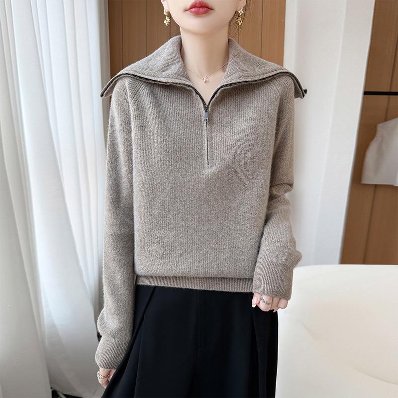 2026 Women's Autumn/Winter Pure Wool Lapel Half-Zip Knitwear Long Sleeve Pullover Sweater