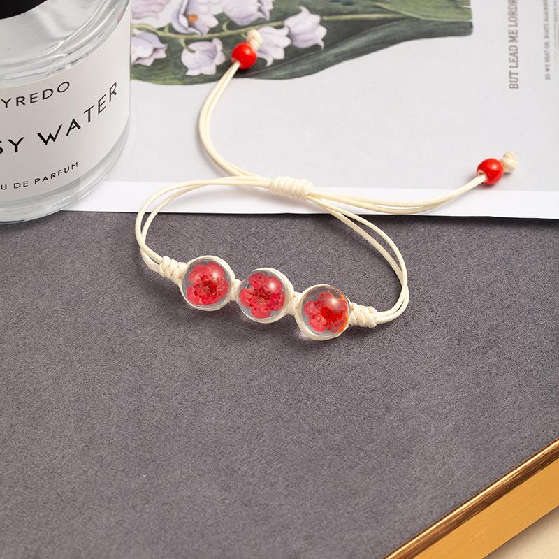 Fresh And Sweet Peach Blossom Bracelet Handmade Woven Girlfriend Dried Flower Bracelet Street Stall Girl Glass Dried Flower Bracelet
