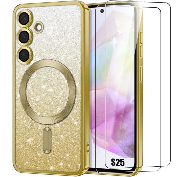 Coque + 2 Verres Trempés pour Samsung Galaxy S25, Silicone avec Cercle Magnétique Protection Caméra - Scintillant Doré