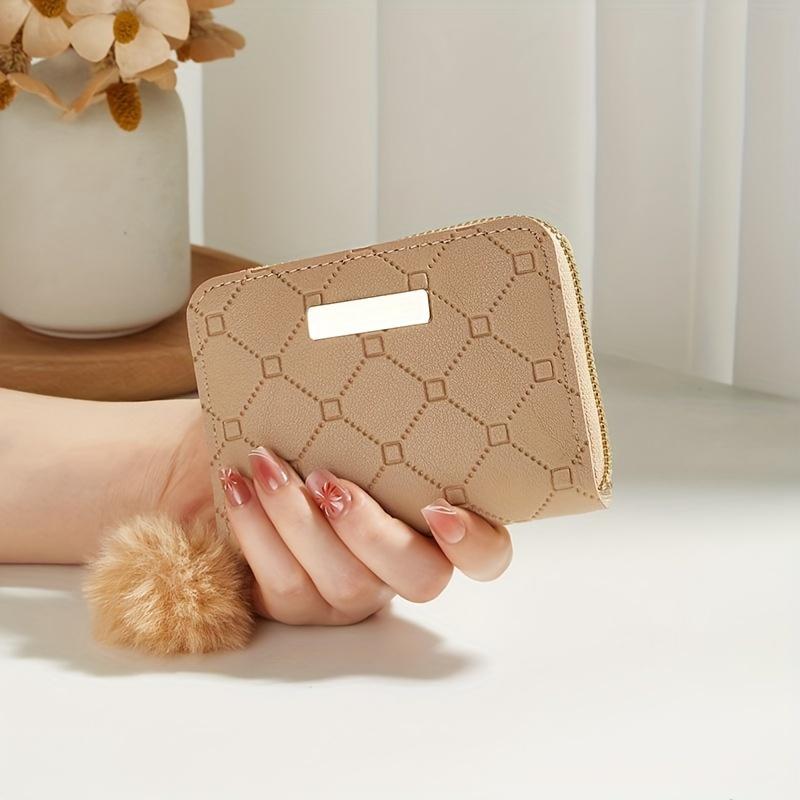 Women s Fashion Short Wallet, Embossed Coin Purse, Casual Style, Card Wallet With Pom Detail хаки
