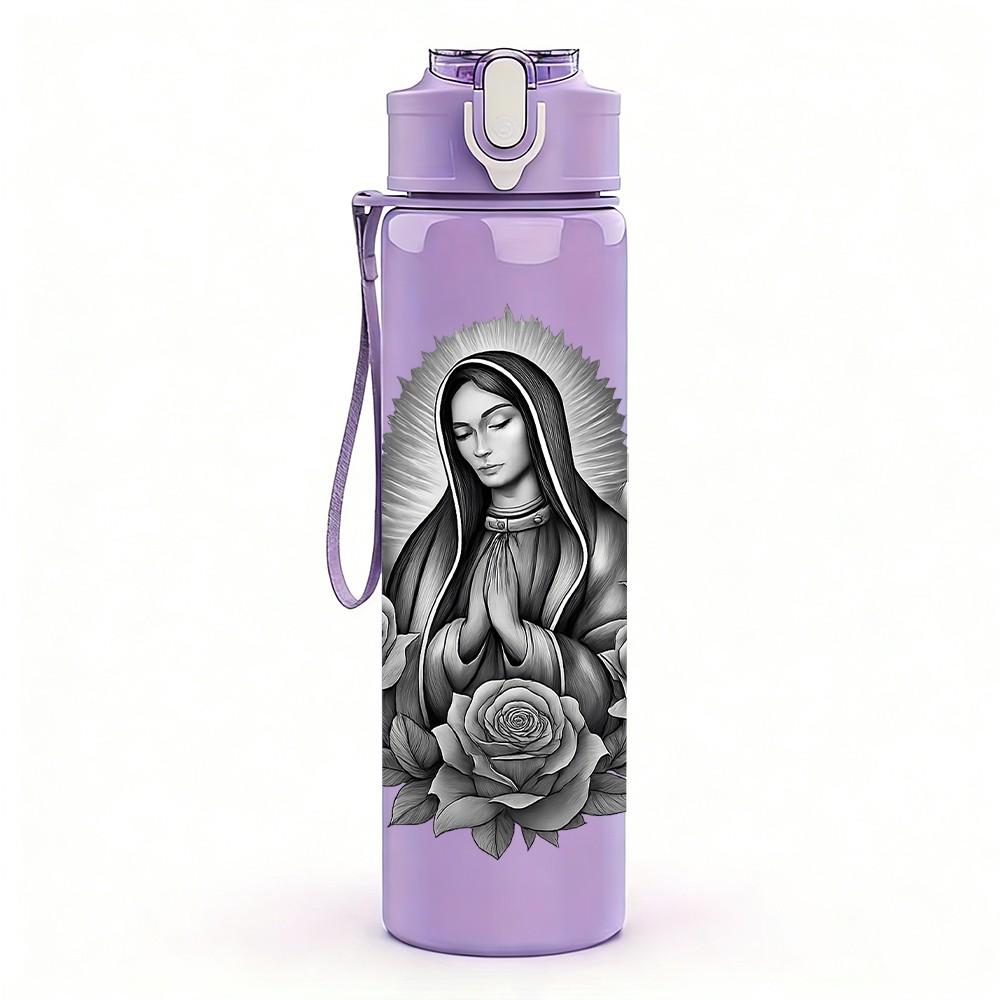 1PC Virgin Mary Floral Portrait 750ml Color Plastic Sports Water Bottle Leakproof Flip Straw Lid Suitable for Sports Office Home Use