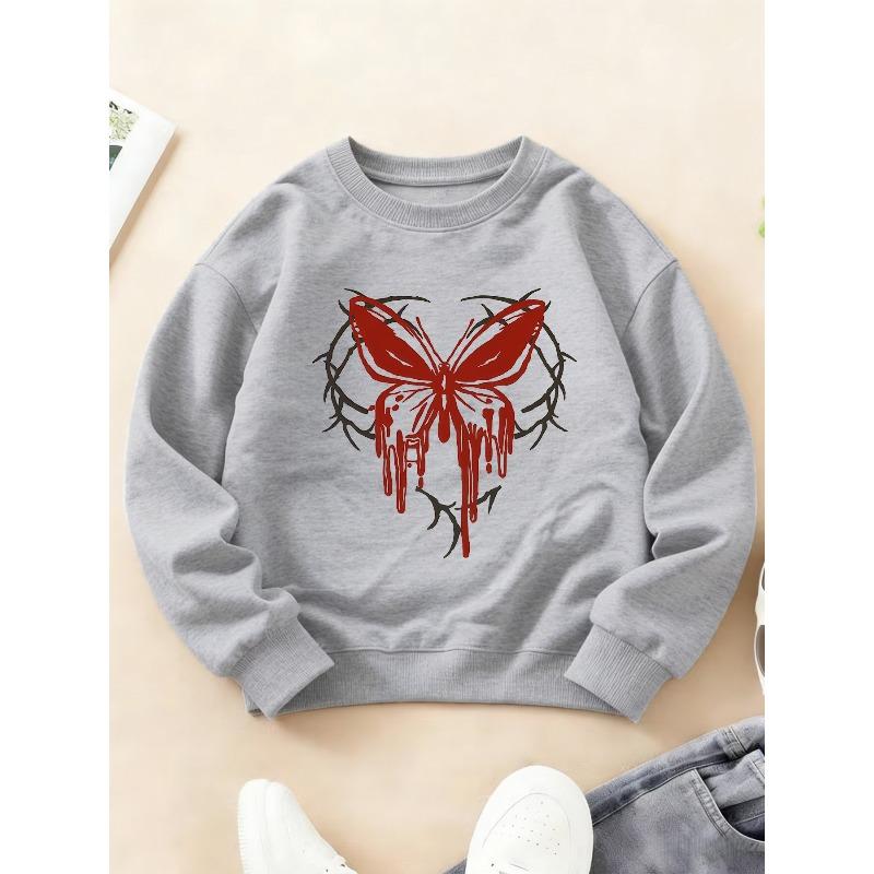 Kids Crewneck Sweatshirt, Cool Fun Red Butterfly Dark Aesthetic Print Long Sleeve Top