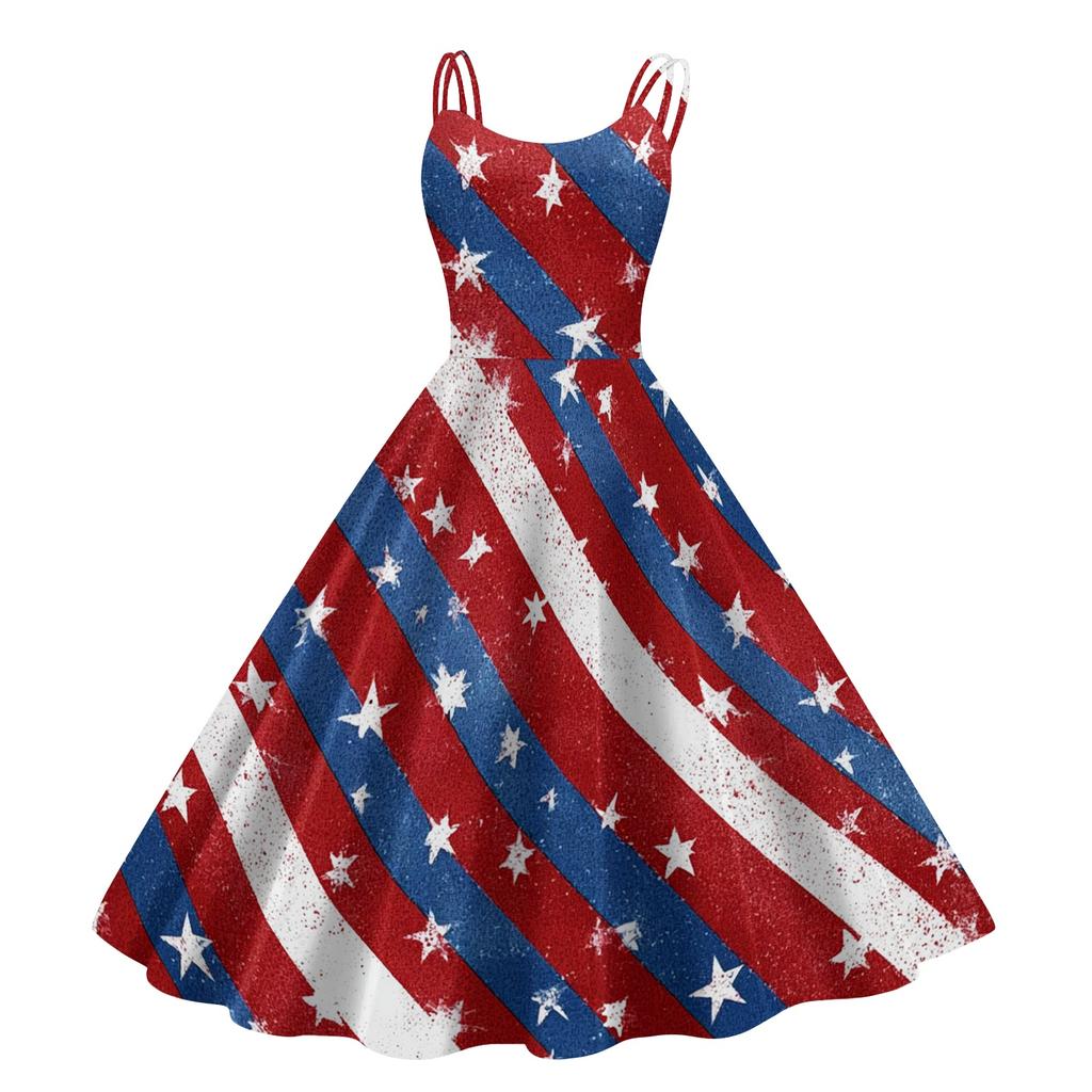 Women Sleeveless Vintage Swing Dress with Star and Firework Print Classic Midi Length Summer Sundress