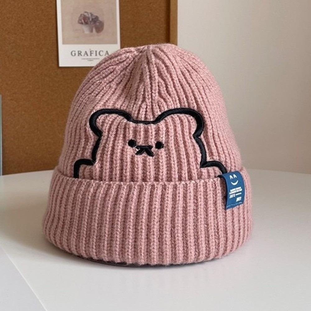 Warm Stripe Winter Embroidered Bear All-match Wool Hat Knitted Hat Korean Style Caps Women Beanies