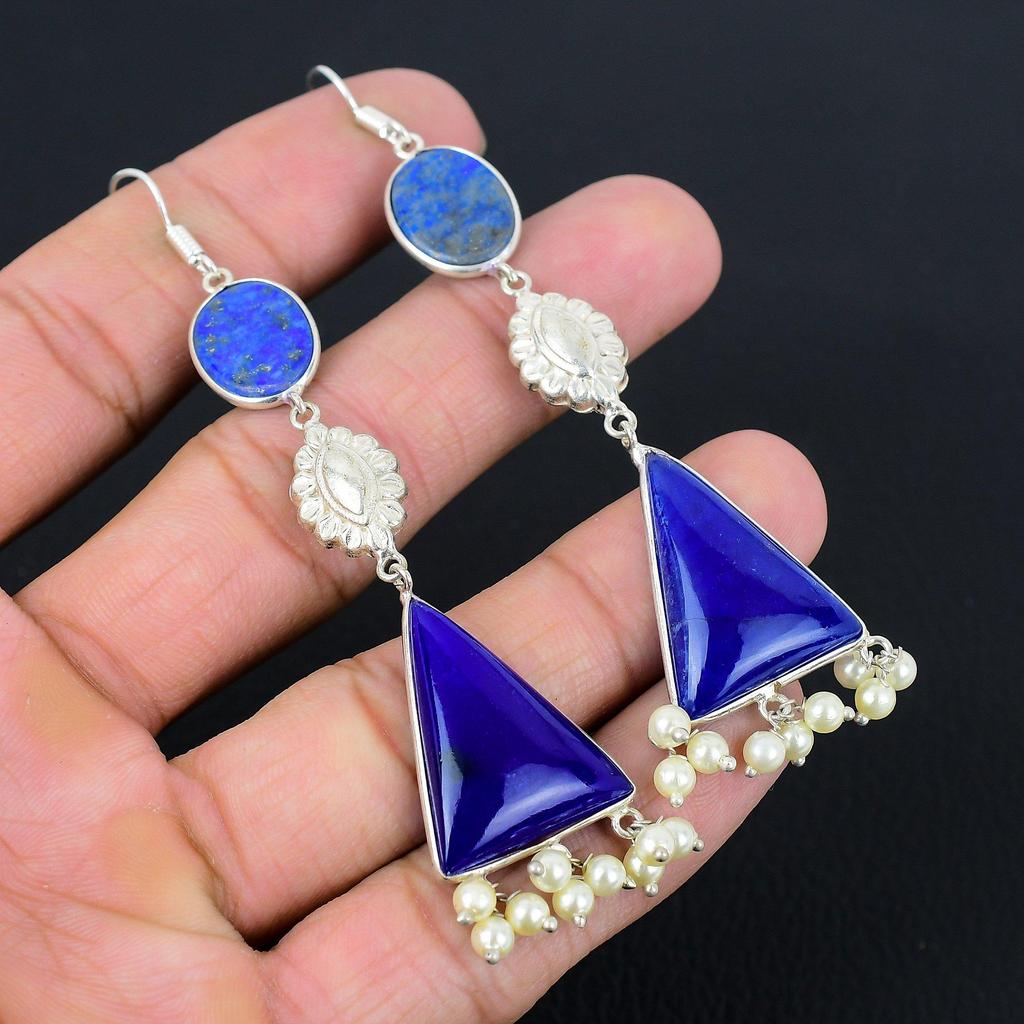 Natural Lapis Lazuli 925 Sterling Silver Wife Handmade Dangling Earrings Jewelry