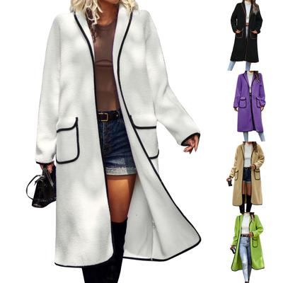 Women's Fashion Lapel Solid Color Long Sleeve Lambswool Casual Hundred Long Coat