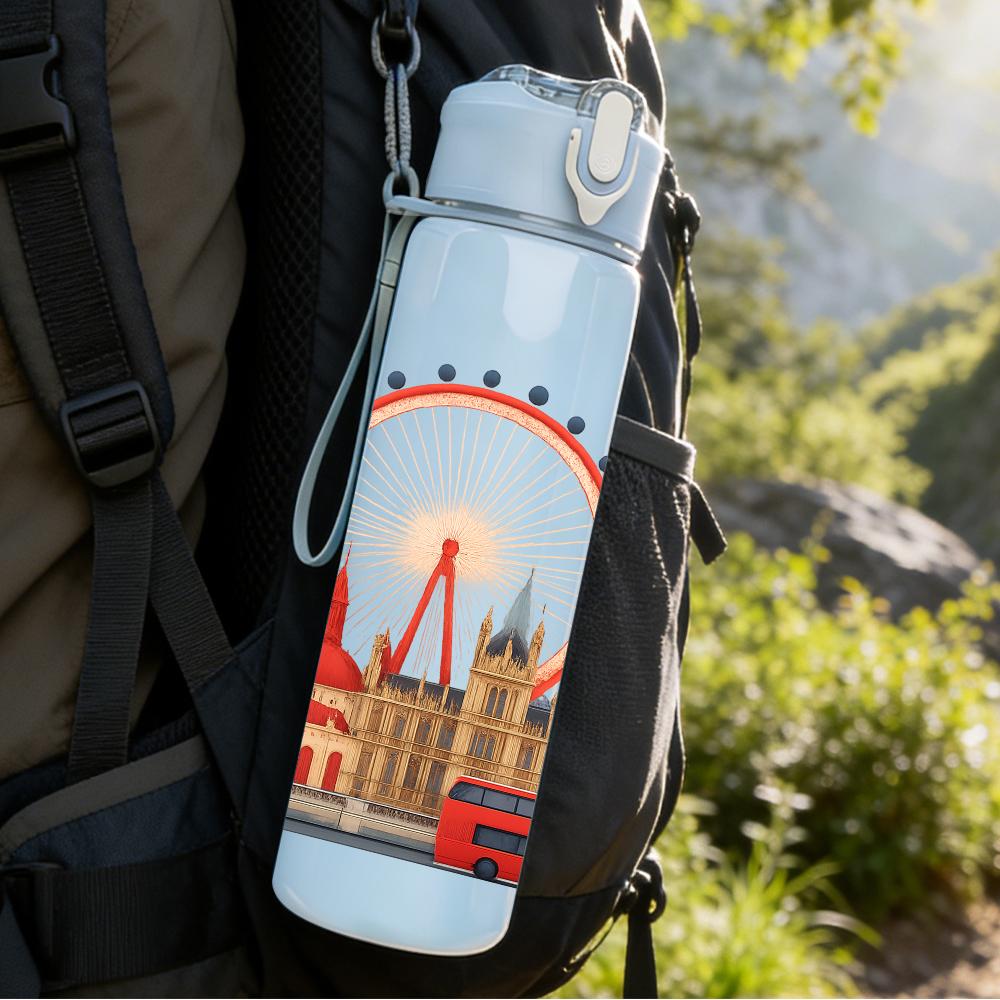 1PC London Ferris Wheel Scene 750ml Color Plastic Sports Water Bottle Leakproof Flip Straw Lid For Sports Office Home Use