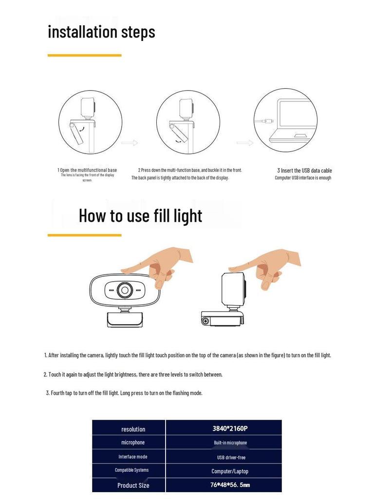 4K Desktop & Laptop Webcam with Fill Light, 1080P HD for Online Classes