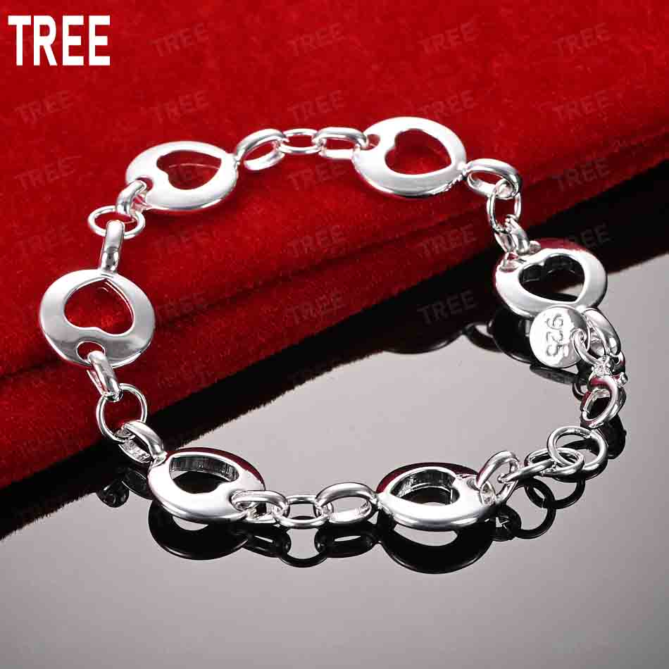 925 Sterling Silver Round Disc Hollow Heart Side Chain Beautiful Bracelet Gift Jewelry 20CM