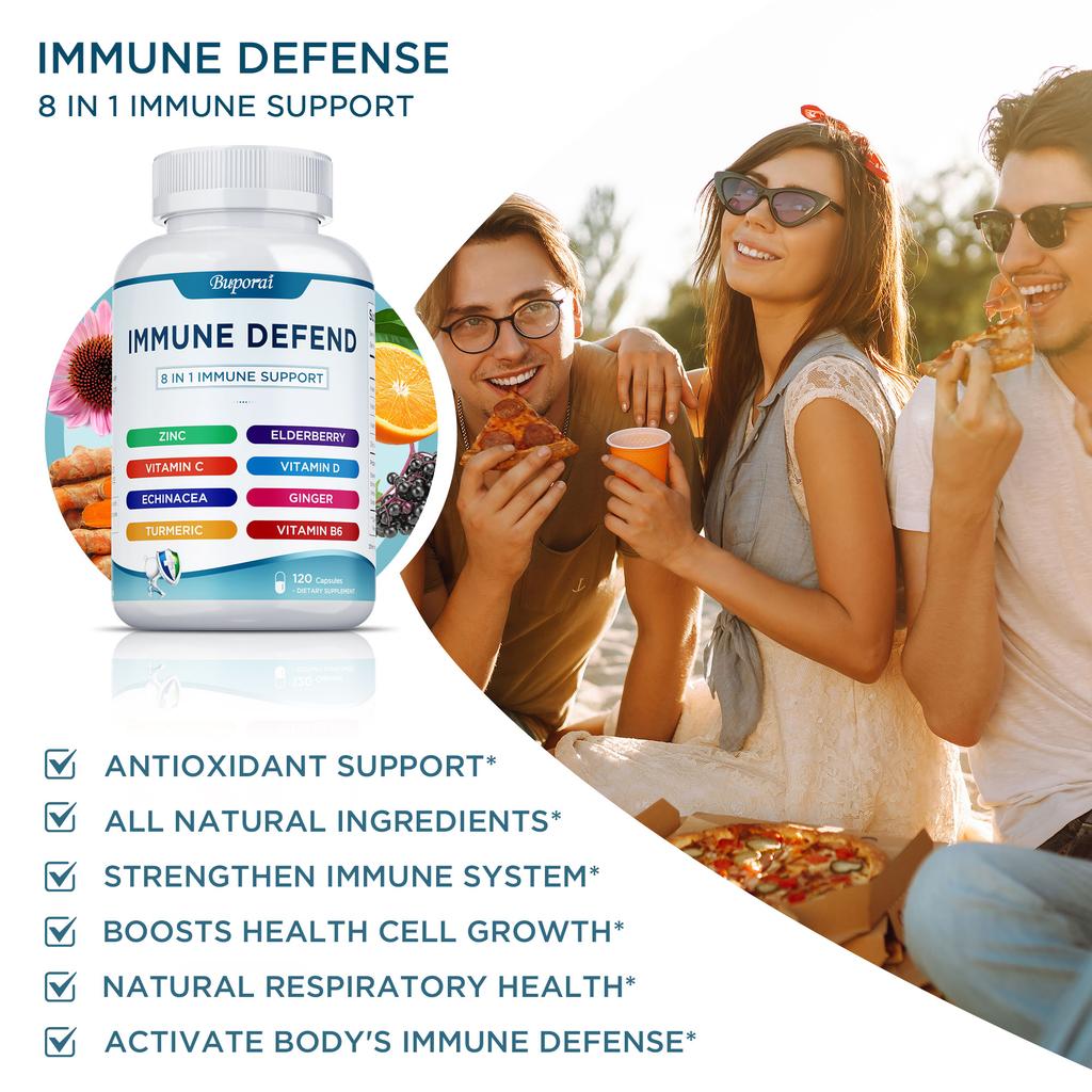 Multivitamin capsules, containing zinc, elderberry, vitamin D3, turmeric, immune support, antioxidant support, suitable for adults.