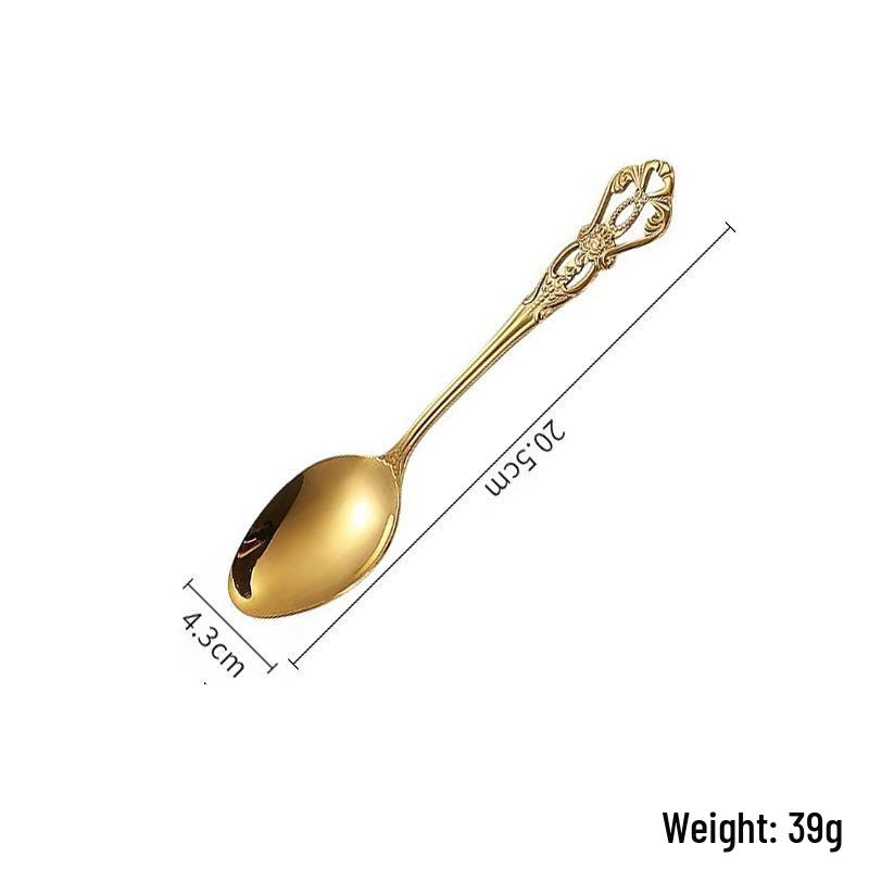 Royal Court Stainless Steel Retro Embossed Cutlery Set: Knife, Fork, Spoon, Steak Knife, Dessert Spoon.