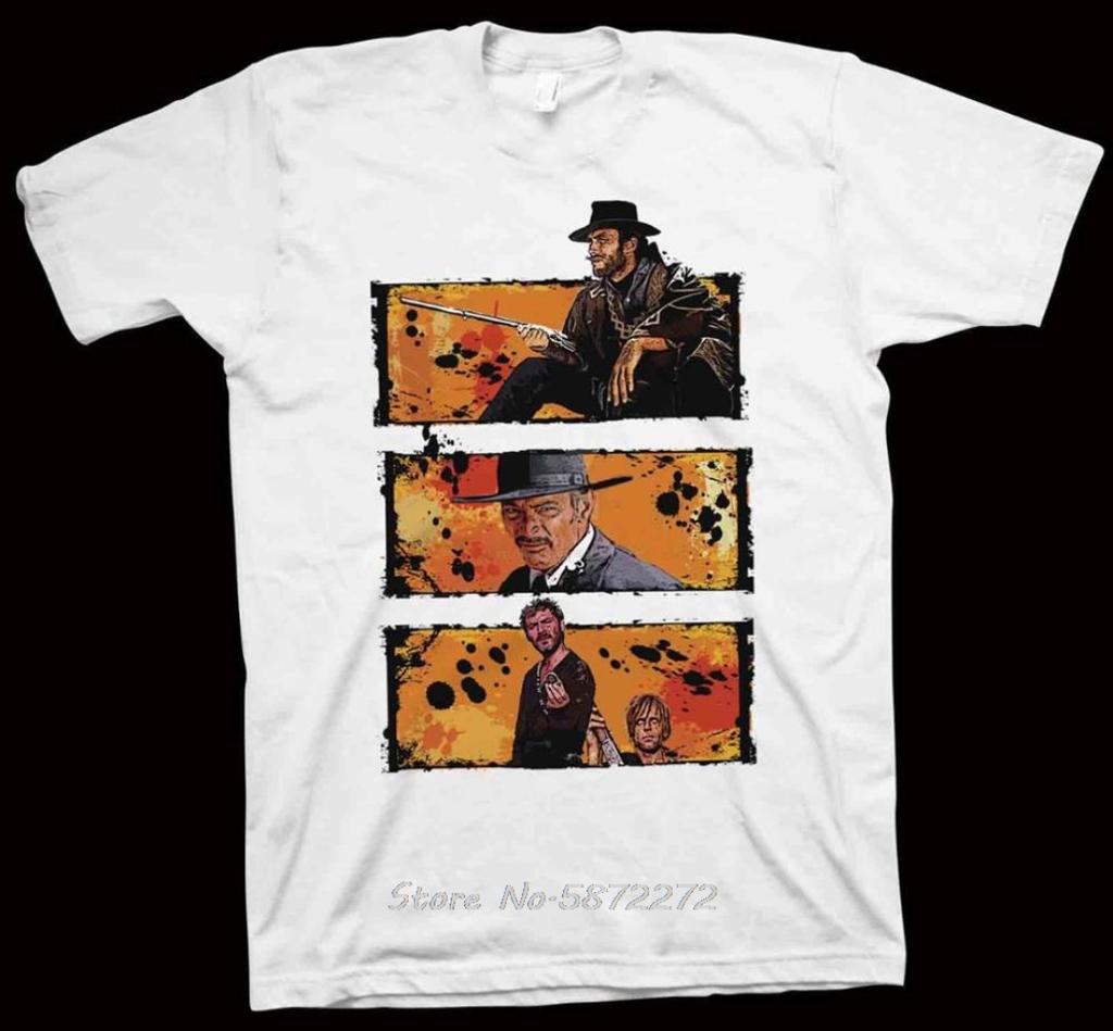 White Three Panel Cowboy Gun Character Graphic Tee Retro Western Movie Chest Oversized Street Tops