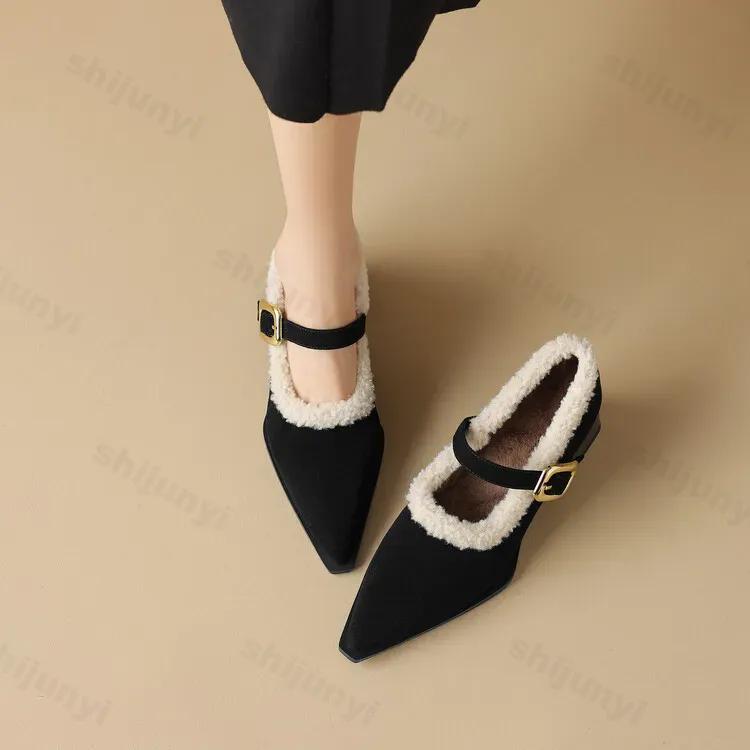 Fashion Elegant Metal Buckle Mary Janes Woman 2025 New Chic Design Fur Thick Heel Dress Shoes Ladies Winter Warm Plush Belt Pump Zapatos