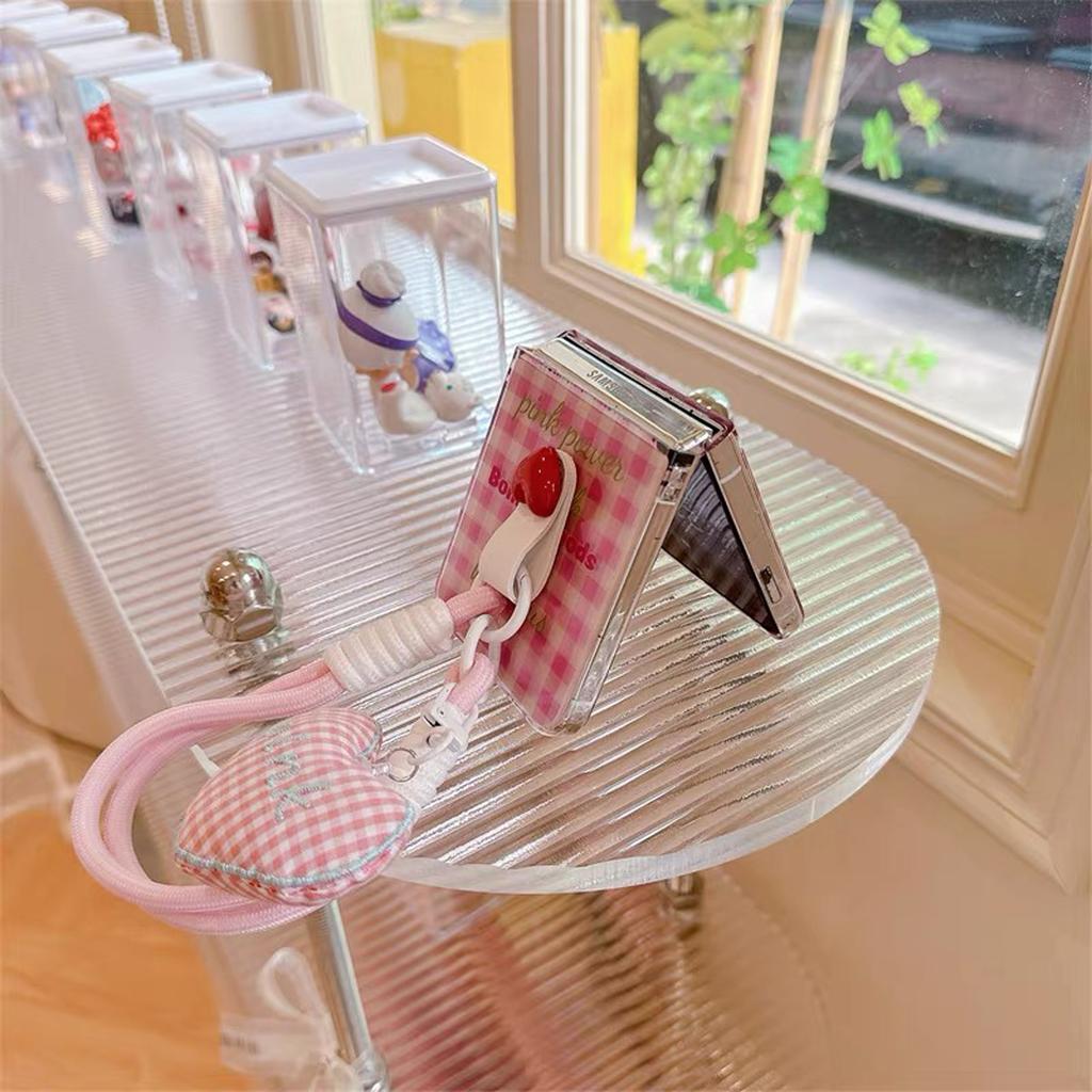 Cartoon Pink Lattice Folding Phone Case With Love Pendant For Samsung For Galaxy Z Flip 3 4 5 6 Cute Girl Phone Case