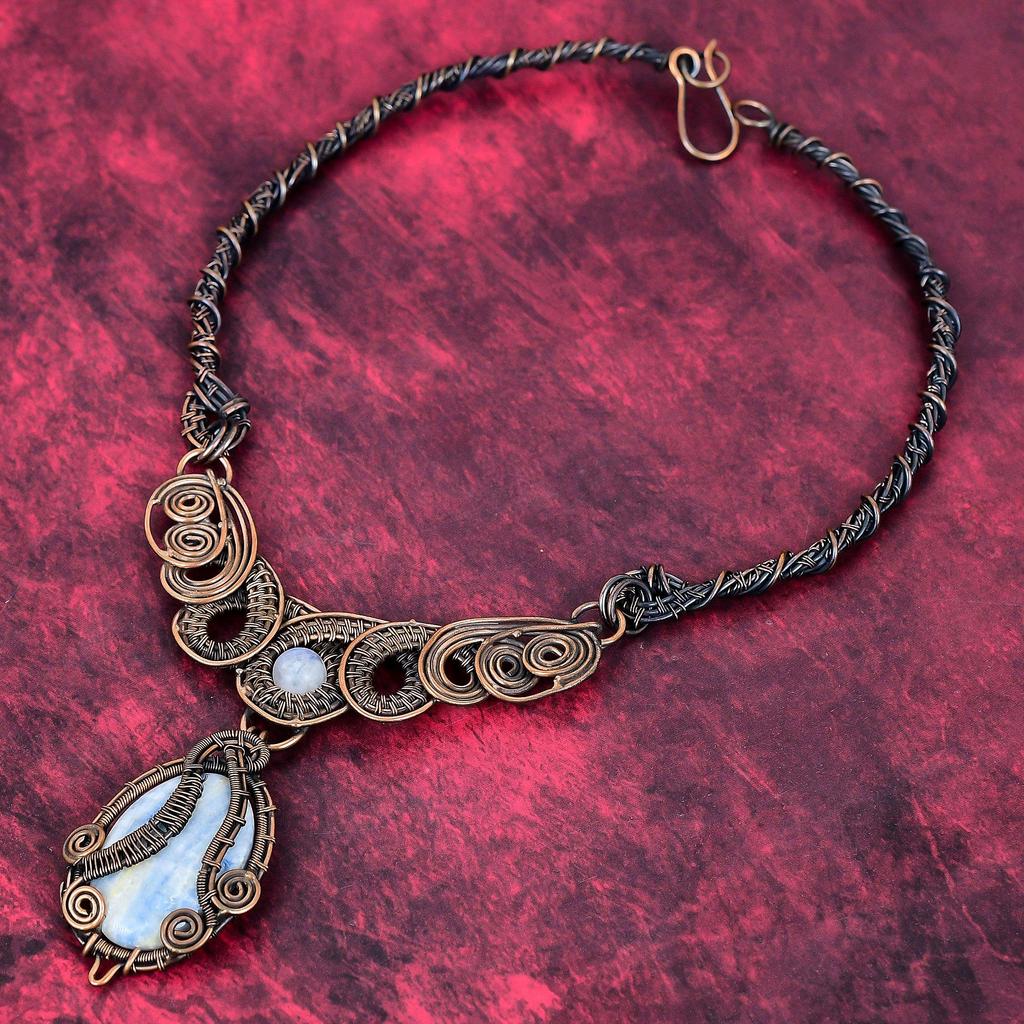 Blue Scheelite Necklace Copper Wire Wrapped Gemstone Jewelry Rainbow Moonstone Necklace Copper Handmade Necklace Gifts for Mom Wire Necklace