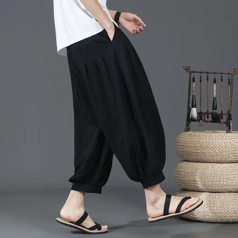 Plus Size Summer Cotton Linen Shorts Men Baggy Wide Leg Casual Capris Pants Male Sport Running Shorts Oversize Chinese Loose Straight Linen Pants