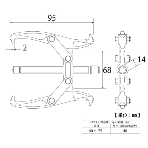TOP Gear Puller, GP-75, 2-jaw, for Depths Up To 40mm, 40-75mm, Made In Tsubame-Sanjo, Japan