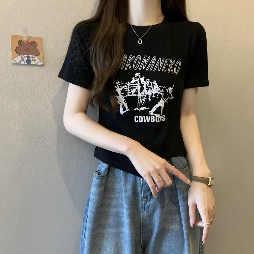 Women's New Summer Design Printed Round Neck Pullover Slim Versatile Top