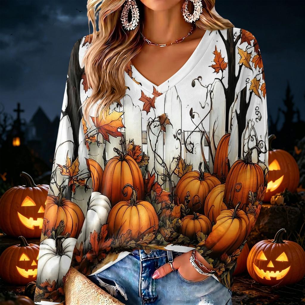 Women's V-Neck Long Sleeve Halloween Print Lightweight Blouse for Fall Parties and Everyday Wear