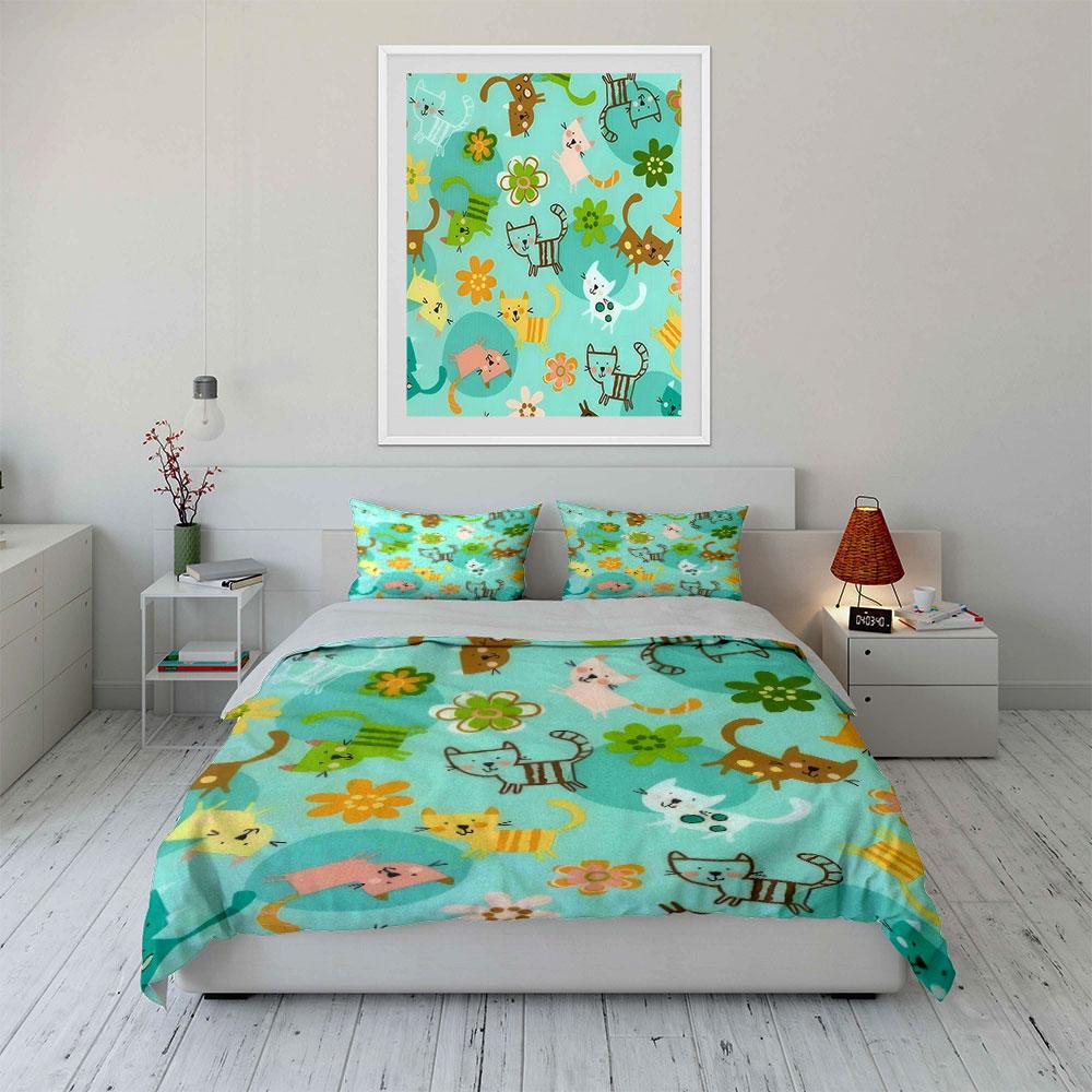 3Pcs Cute Cat Bedding Set, Colorful Cartoon Cats And Flowers Print Duvet Cover + 2 Pillowcases, Kids Nursery Decor