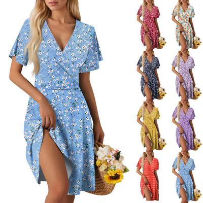Damen Sommerkleid Locker Strandurlaub Lässiges Westekleid mit tiefem V-Ausschnitt Elegantes Hemdkleid
