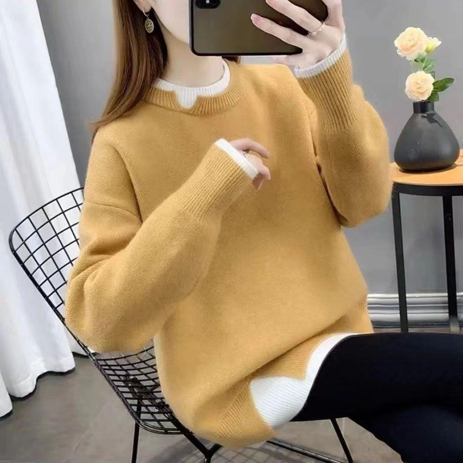 Pull épais en maille grande taille pour l'automne/hiver - Coupe ample, style coréen, look deux pièces, tricot décontracté pour femmes