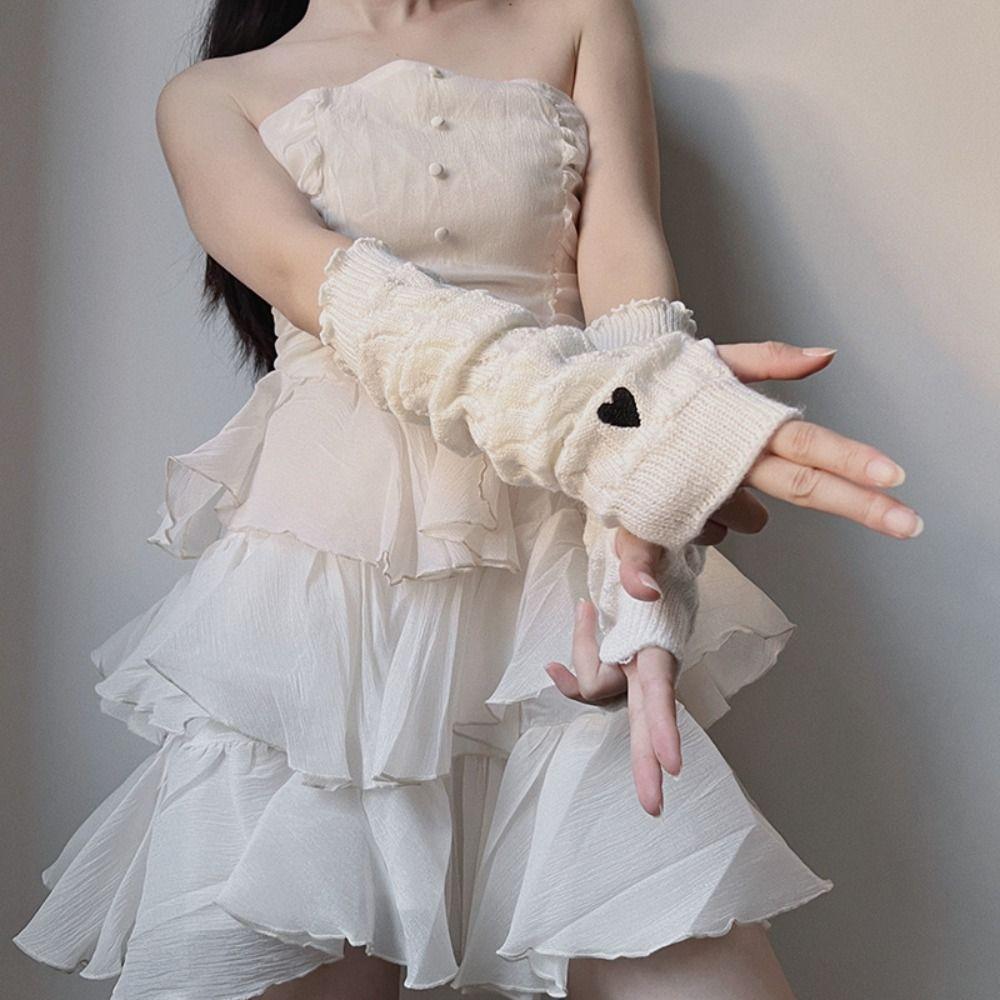 

Elastic Embroidery Heart Knitted Arm Warmers Long Mittens Fingerless Gloves Lolita
