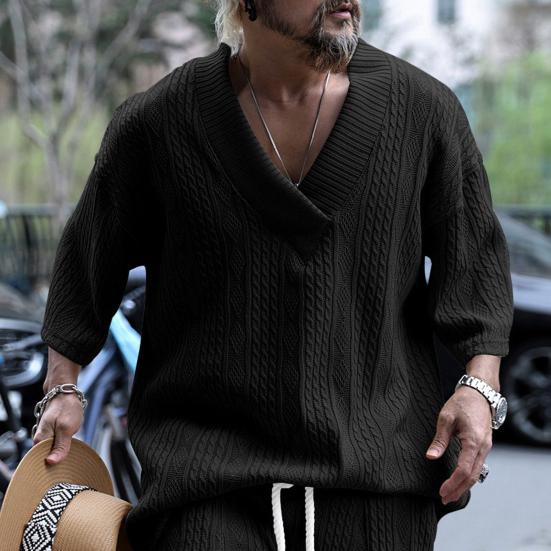 Men T-shirt V-Neck Short Sleeve Twist Jacquard Texture Tee Shirt Solid Color Loose Fit Summer Knitting Tops