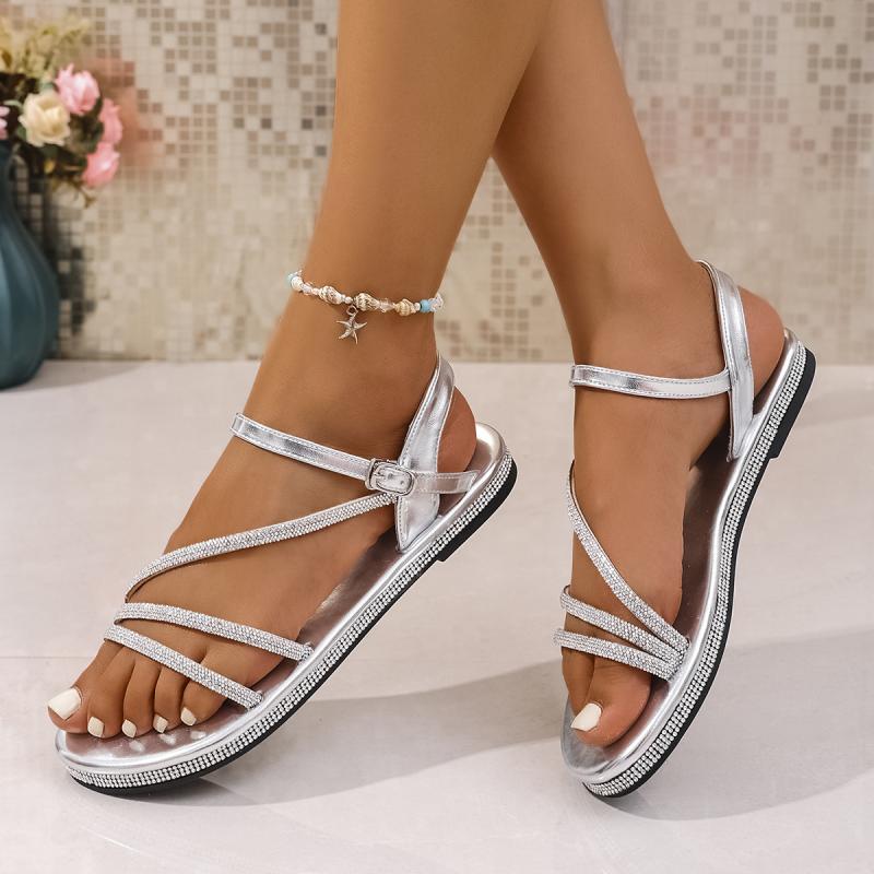 Fashion Sexy Sliver Cross Tied Sandals Women 2025 Summer Glitter Decoration Round Toe Flat Heels Sandals Back Strap Driving Shoes