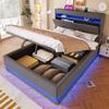 Upholstered Bed, 140x200cm, USB Type-C Charging, LED Lighting, Hydraulic Storage, Flip-top Compartment, No Mattress, Button/App Control, Linen, Gray