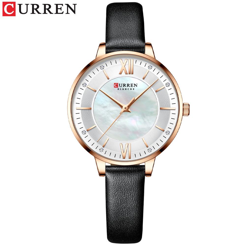 CURREN 9080 Damen Ultraflache Perlmutt Zifferblatt Wasserdichte Uhr mit Lederarmband