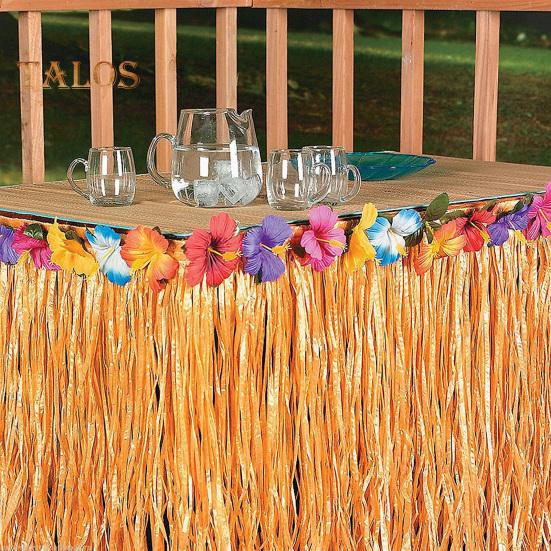 Hawaiian Party Table Skirt Waterproof Tropical Luau Party Colorful Flower Grass Tassels Table Skirt Summer Beach Themed Aloha Party Decoration Party