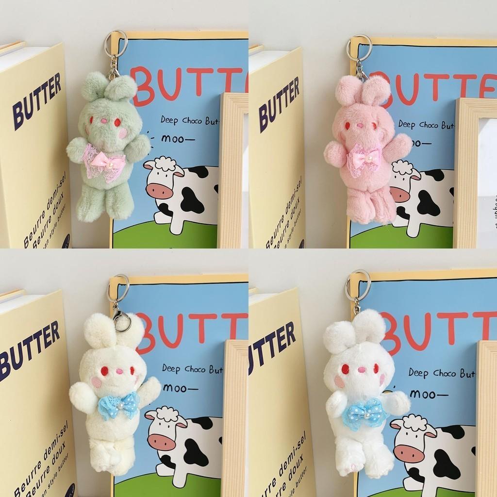 Adorable Bunny Plush Keychain Cute Bowknot Rabbit Stuffed Toy In Pink And Green