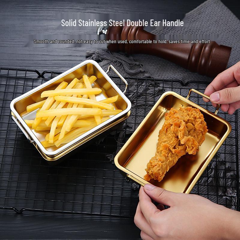 304 Stainless Steel Korean Style Square Snack Plate with Handles - Golden Fried Chicken, French Fries, Cold Dishes, or Desserts