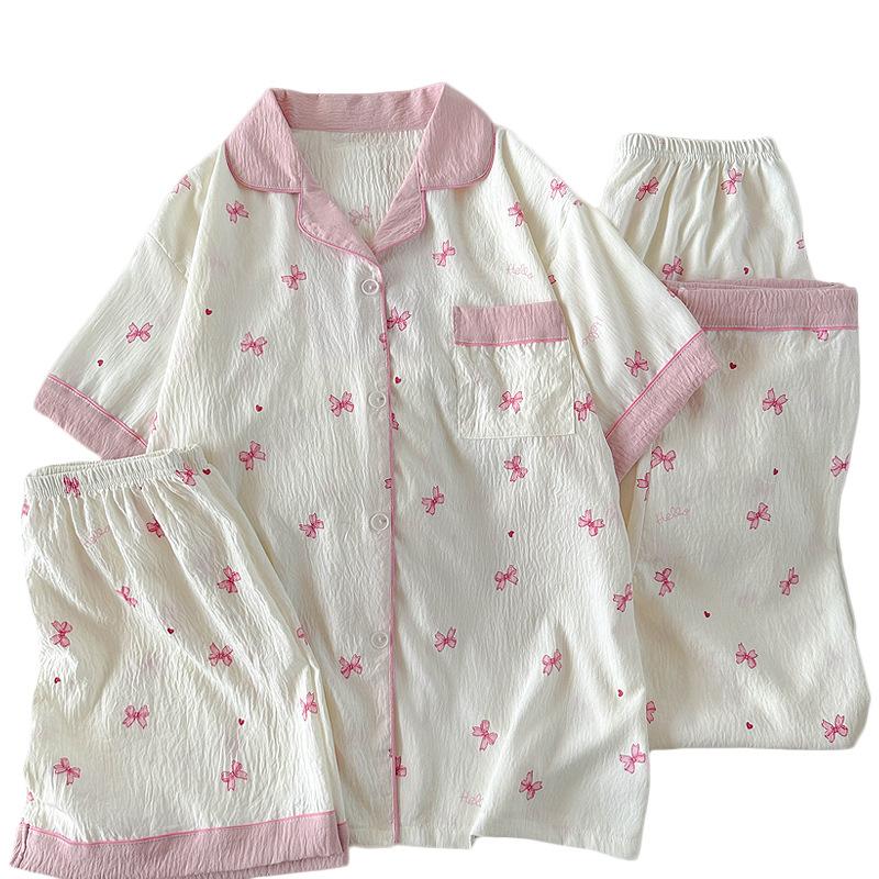 Mädchen Wind Wolke Baumwolle Sommer Pyjama Damen Süße Schleife Kurzarm Mode Loungewear Dreiteiliges Set
