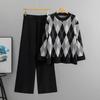 Neues Herbst-Winter Trendiges Rundhals Farbblock Strickpullover Set mit Locker sitzender Damen Weitbeinige Hose Zweiteiliges Set.