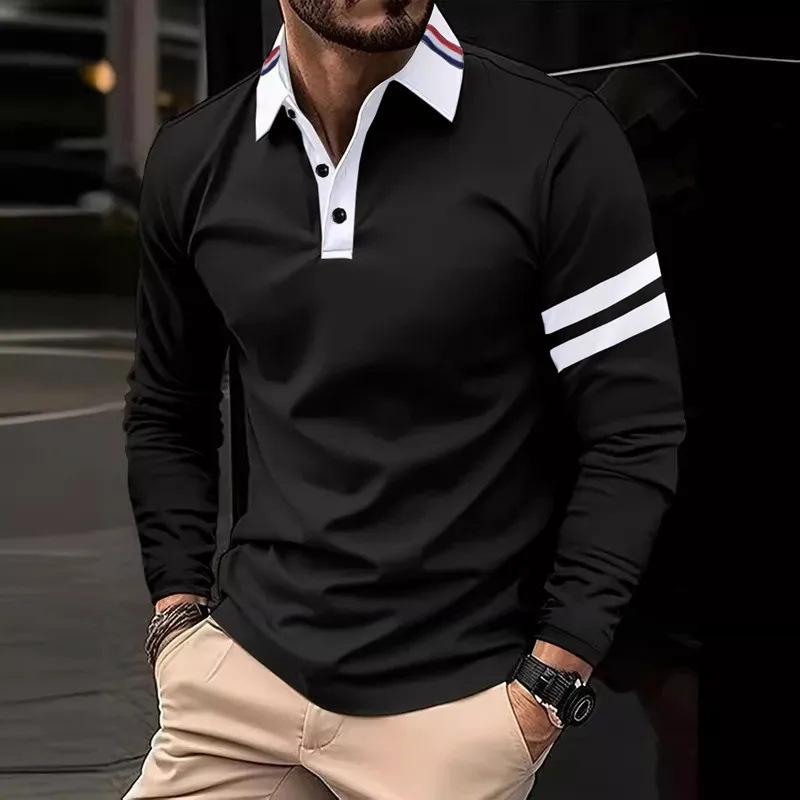 Men's Long Sleeve Polo Shirt with Plaid Trim, Casual Fashion Essential