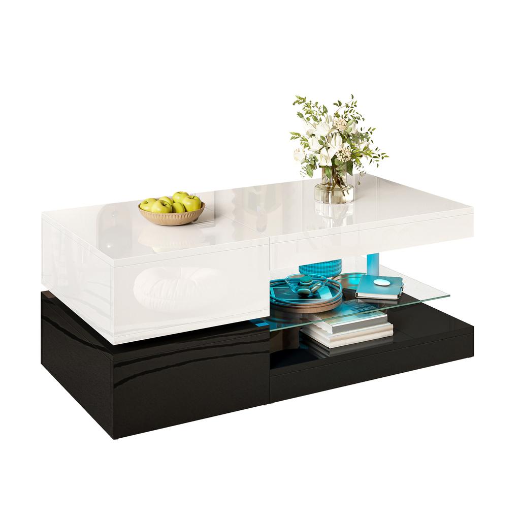Moderner Couchtisch mit LED-Umgebungsbeleuchtung, APP- und Bluetooth-Steuerung, Glasablage & Hochglanzoberfläche, schwarz-weißes Design, 90x45x35,5 cm