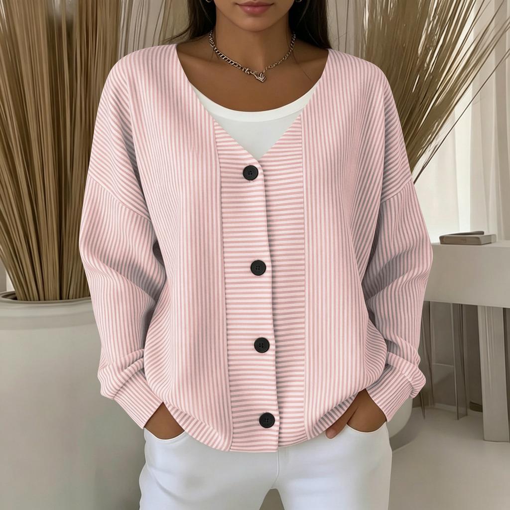 Women's Fashion Striped V Neck Long Sleeve Button Front Cardigan Casual Outerwear Lightweight Layered Top for Everyday Wear