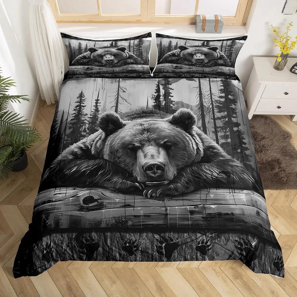 Black Bear Deer Bedding Set Woodland Animals Elk Moose Wildlife Hunting Country Lodge Cabin Duvet Cover Set Queen Comfortable