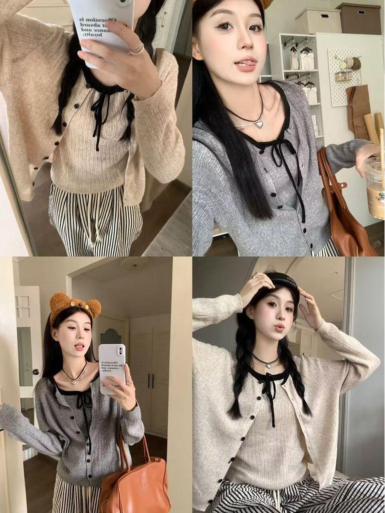 Korean Style Autumn Two-Piece Set: Color Block Cardigan & Tie-Up Camisole Vest