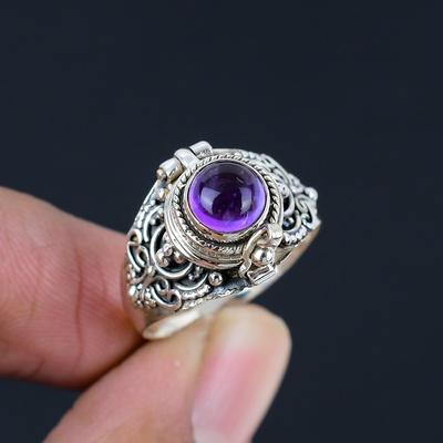 Natural Amethyst Gemstone 925 Sterling Silver Poison Locket Ring For Women & Girls