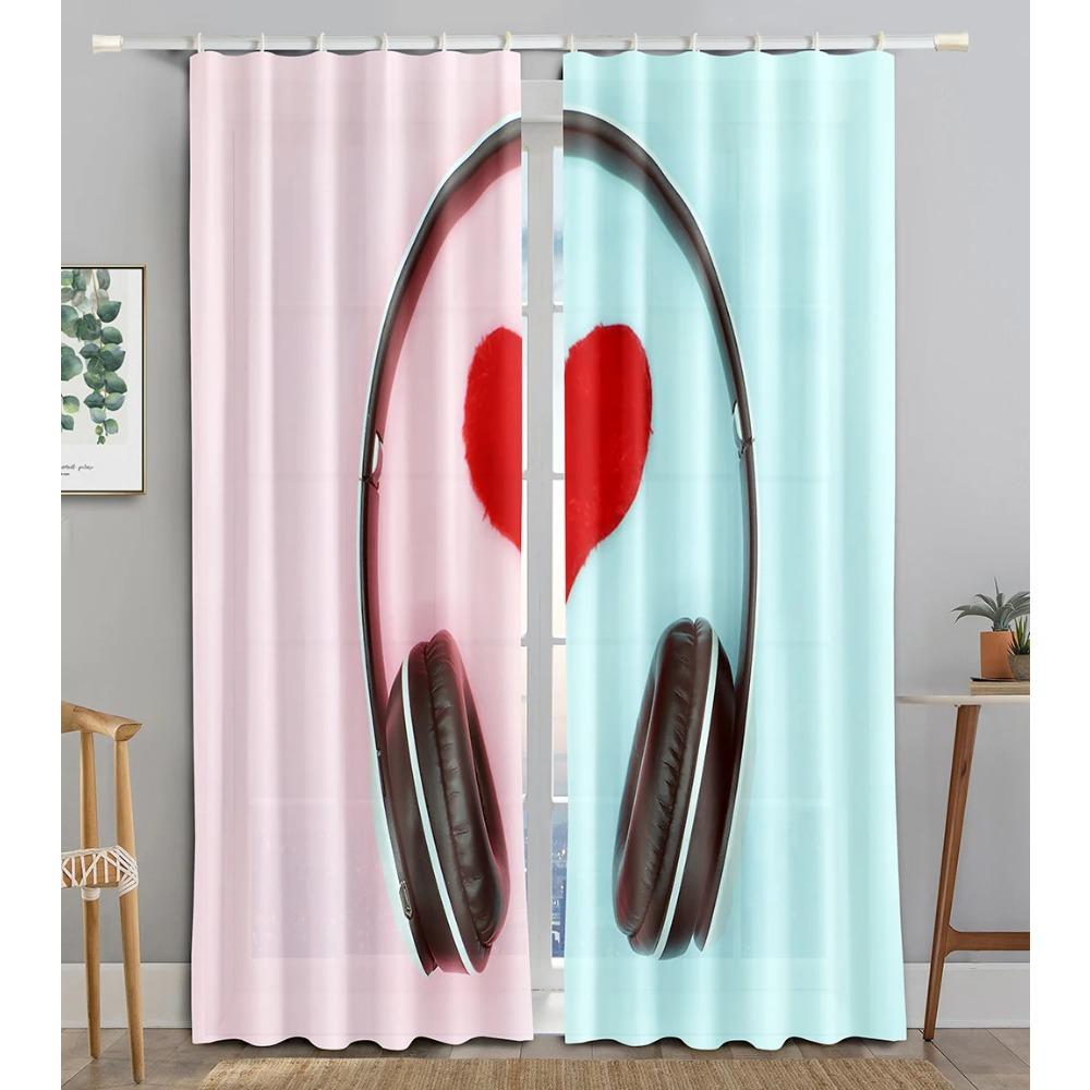 Earphone Music Red Heart Pink WaveBlackout Window Curtain for Living Room Bedroom Bathroom Kicthen Door Cupboard Decor Hooks