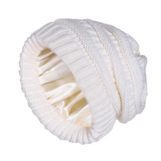 Yousheng Women Knitting Hat Solid Color Ear Protection Thickened Warm Satin Lining Pile Hat Winter Outdoor Riding Headgear