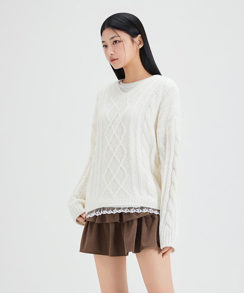 MIXXO V-Neck Lace Cable Pullover Re Kag222T_Miwkag49Qt